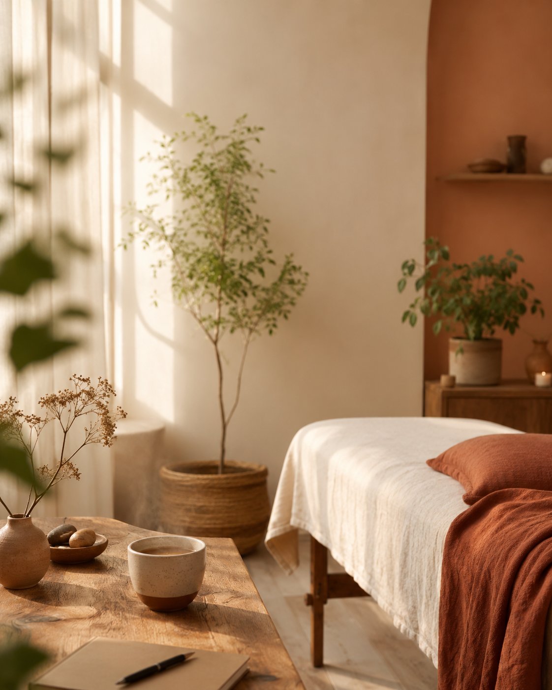 L'espace de soin : table de massage, huiles et plantes